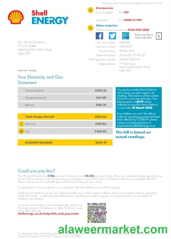 UNITED KINGDOM SHELL ENERGY utility bill template Word and PDF template